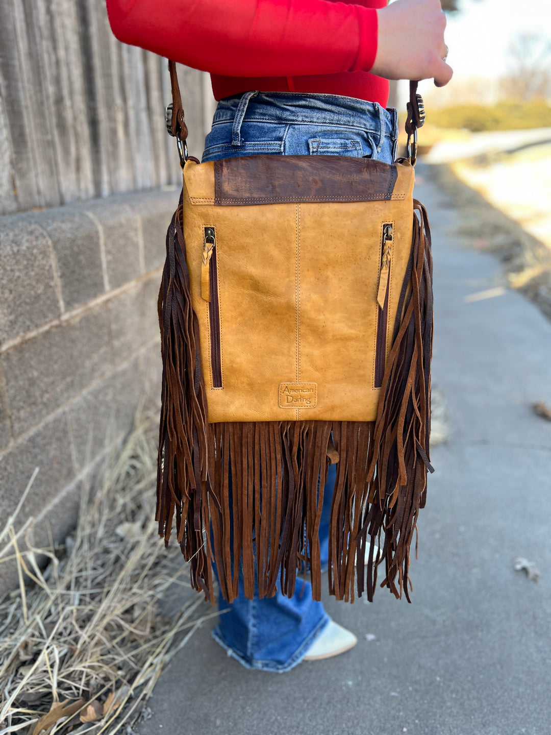 American Darling Leather Flap Whip Stitch and Fringe Bag