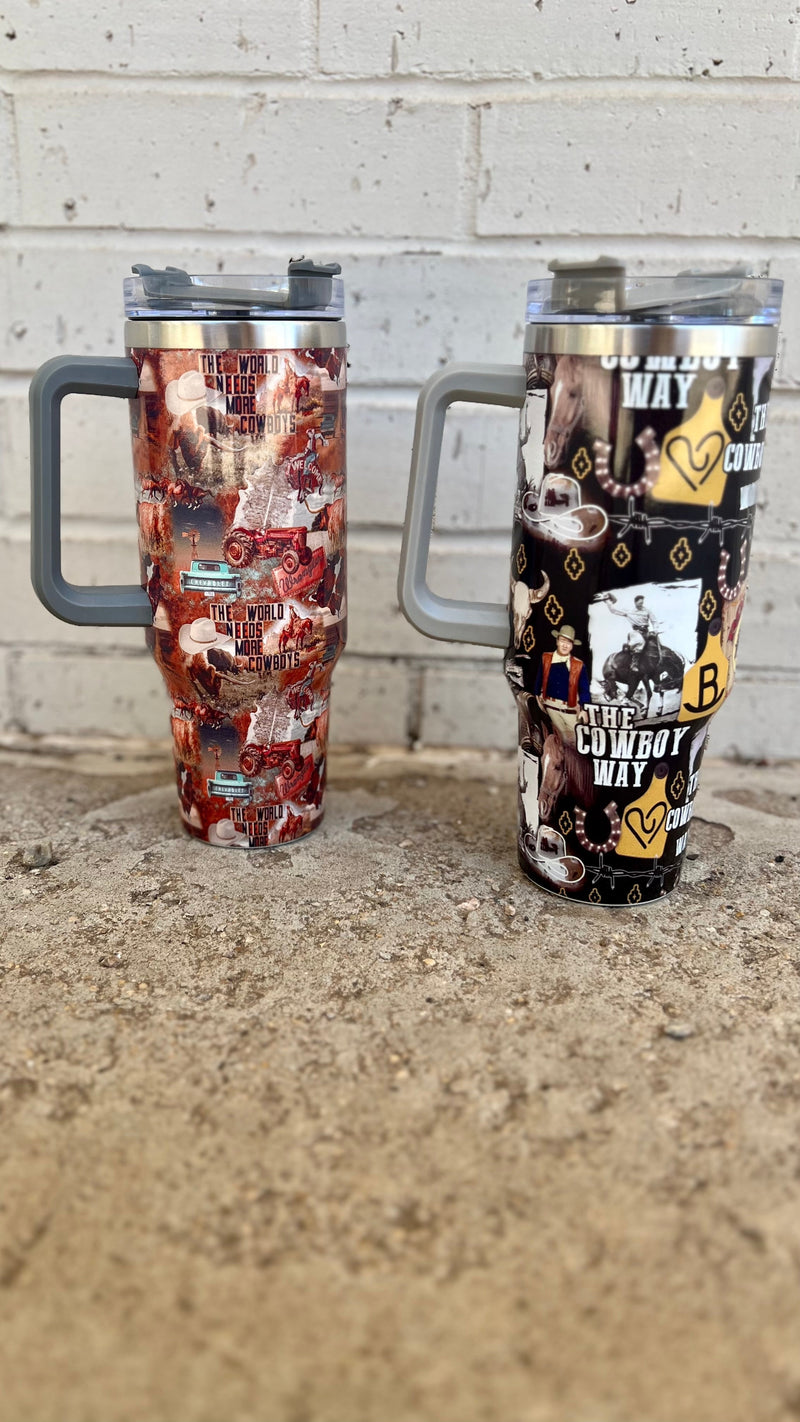 Set your thirst apart with these unique Give Me Cowboys Collage 40 oz Tumblers. Choose from The Cowboy Way & The World Needs More Cowboys designs - which will stay ‘cowboy cool’ no matter the temperature! Saddle up, grab a drink and take a ride with the best tumblers in town! Yeehaw!