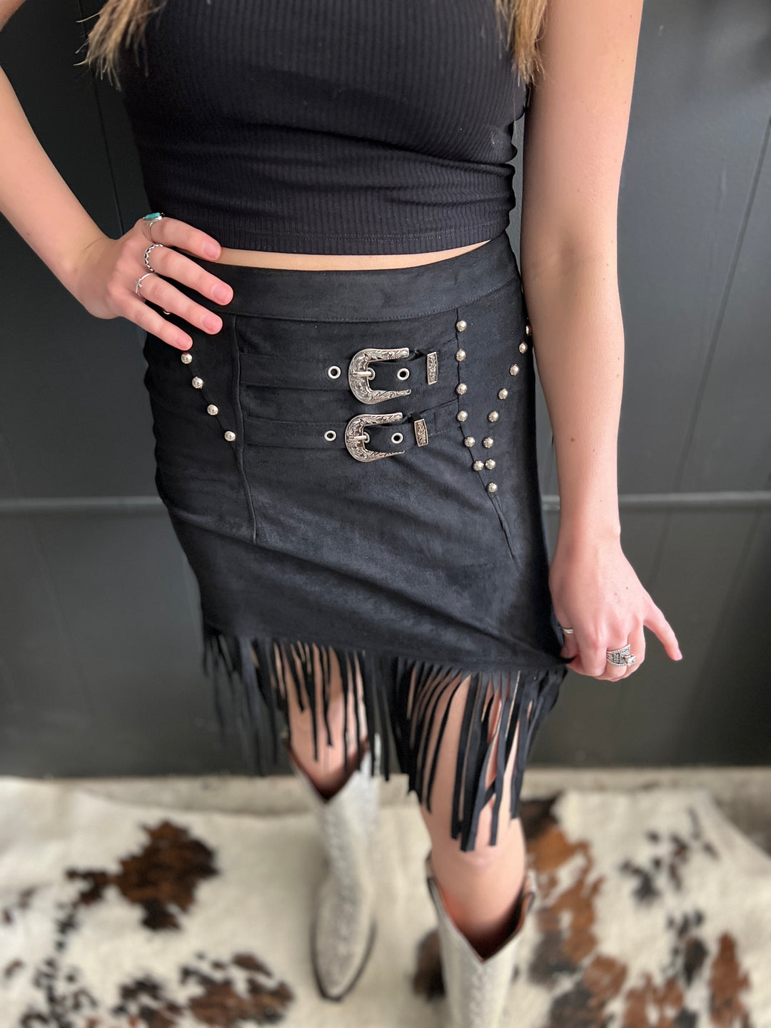 L&B Black Double Buckle Studded Suede Fringe Skirt*