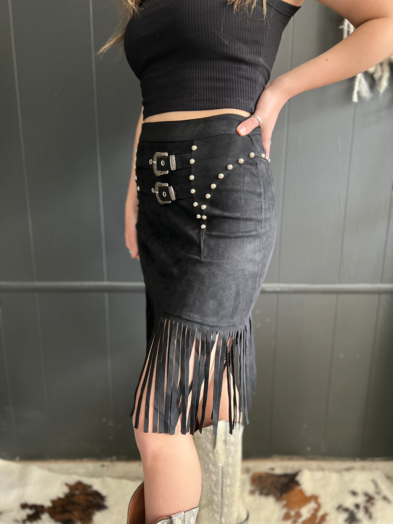 L&B Black Double Buckle Studded Suede Fringe Skirt Gussied Up