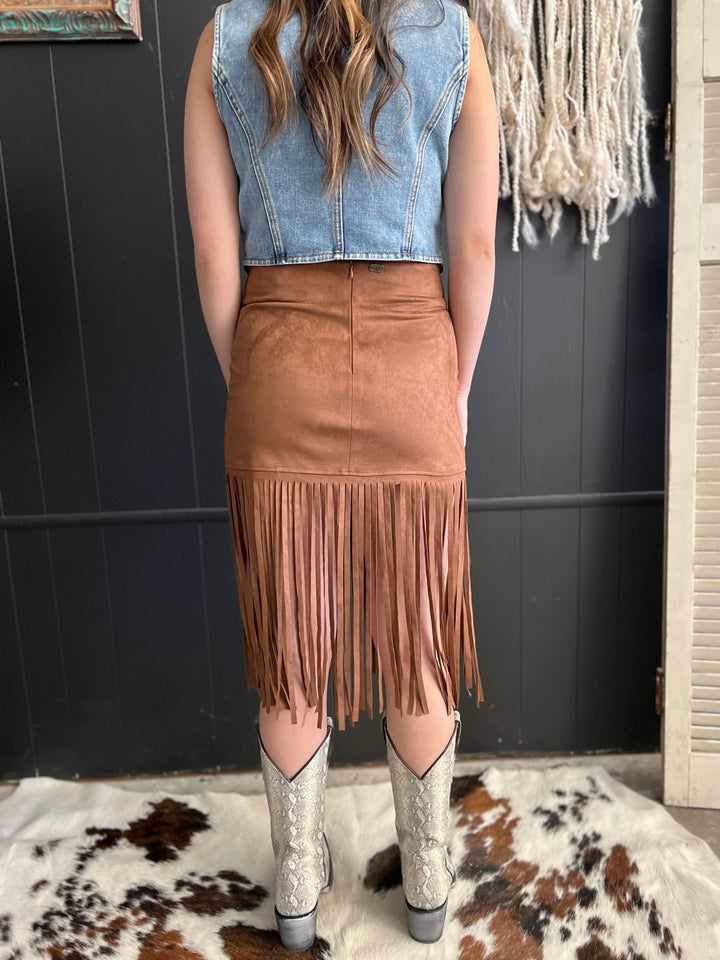 L&B Brown Western Boot Stitch Embroidered Studded Suede Fringe Skirt*