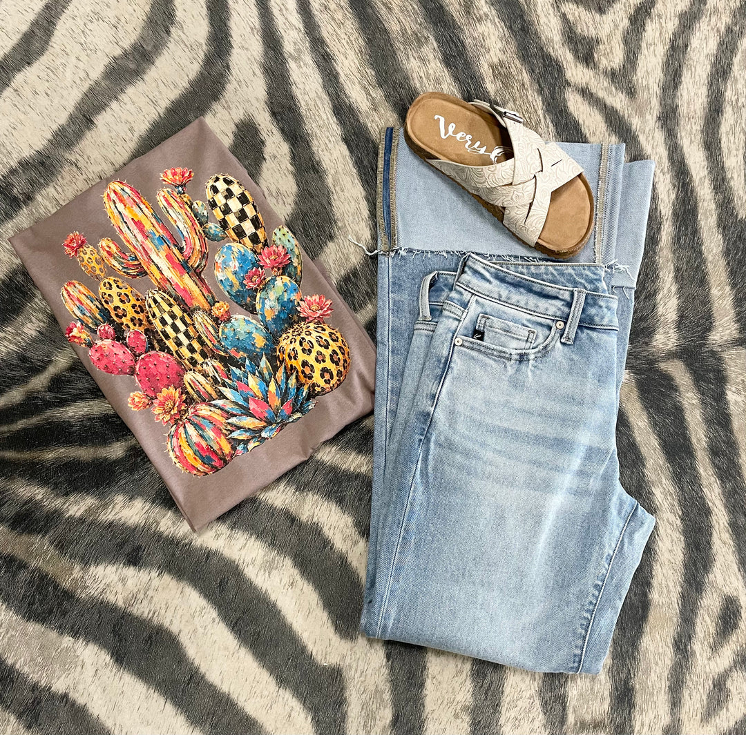 Boho Colorful Checkered Cactus Graphic Tee