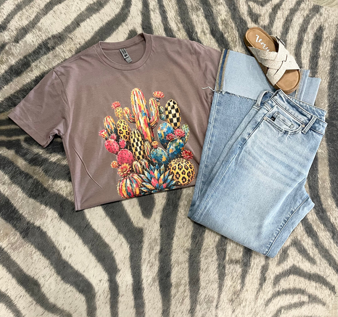 Boho Colorful Checkered Cactus Graphic Tee