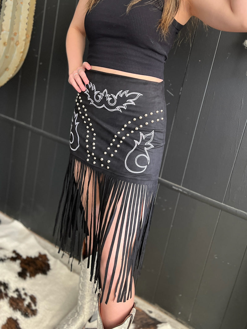 L&B Black Western Boot Stitch Embroidered Studded Suede Fringe