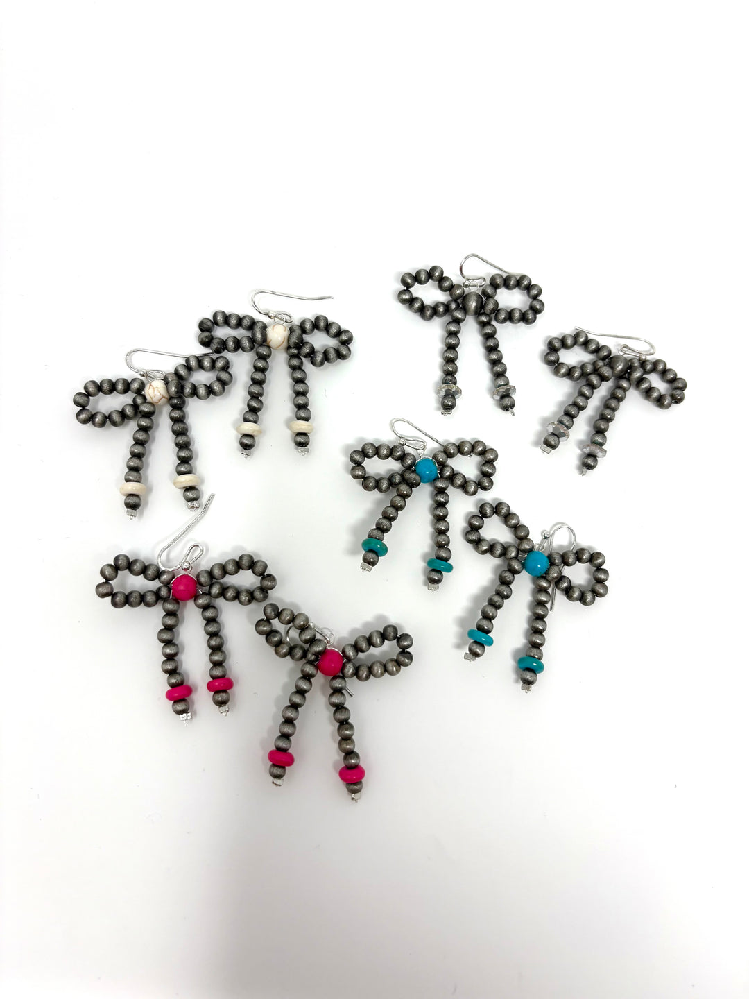 Silver Navajo Inspired Beaded Bow Dangle Earrings -4 Colors