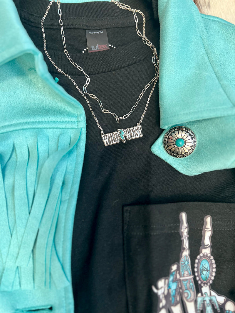 This Wild West Necklace is the perfect addition to your outfit for your next shooting lesson! It comes in 14-16" lengths with a 3" extender, boasting a double strand with a 14" chain link and a 16" high polish wild west message with a turquoise gemstone thunderbolt pendant. Best of all, you'll look like the sheriff of the Far West! Yeehaw!