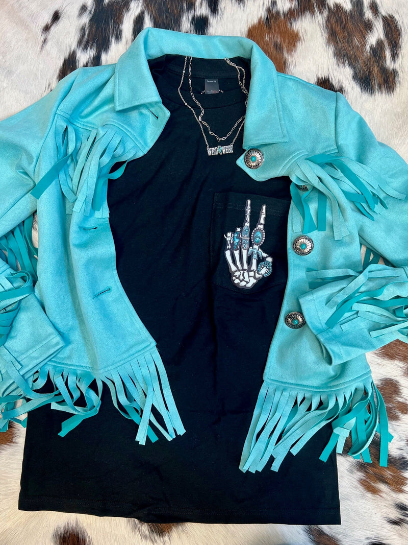 Rock on with this Western Decorated Skeleton Tee! Featuring a soft mineral-washed fabric and turquoise jewelry on the skeleton hand, this tee will have you looking spooky-cool. Not to mention the added bonus of looking fly (without a broom) So, grab this tee and get ready to party like a rockstar!  100% Cotton 