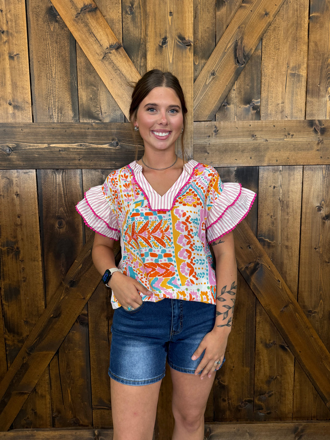 Boho Contrast Trim Striped Patchwork Tiered Blouse