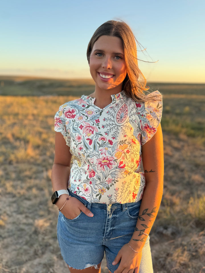 Floral V Neck Ruffe Sleeve Top