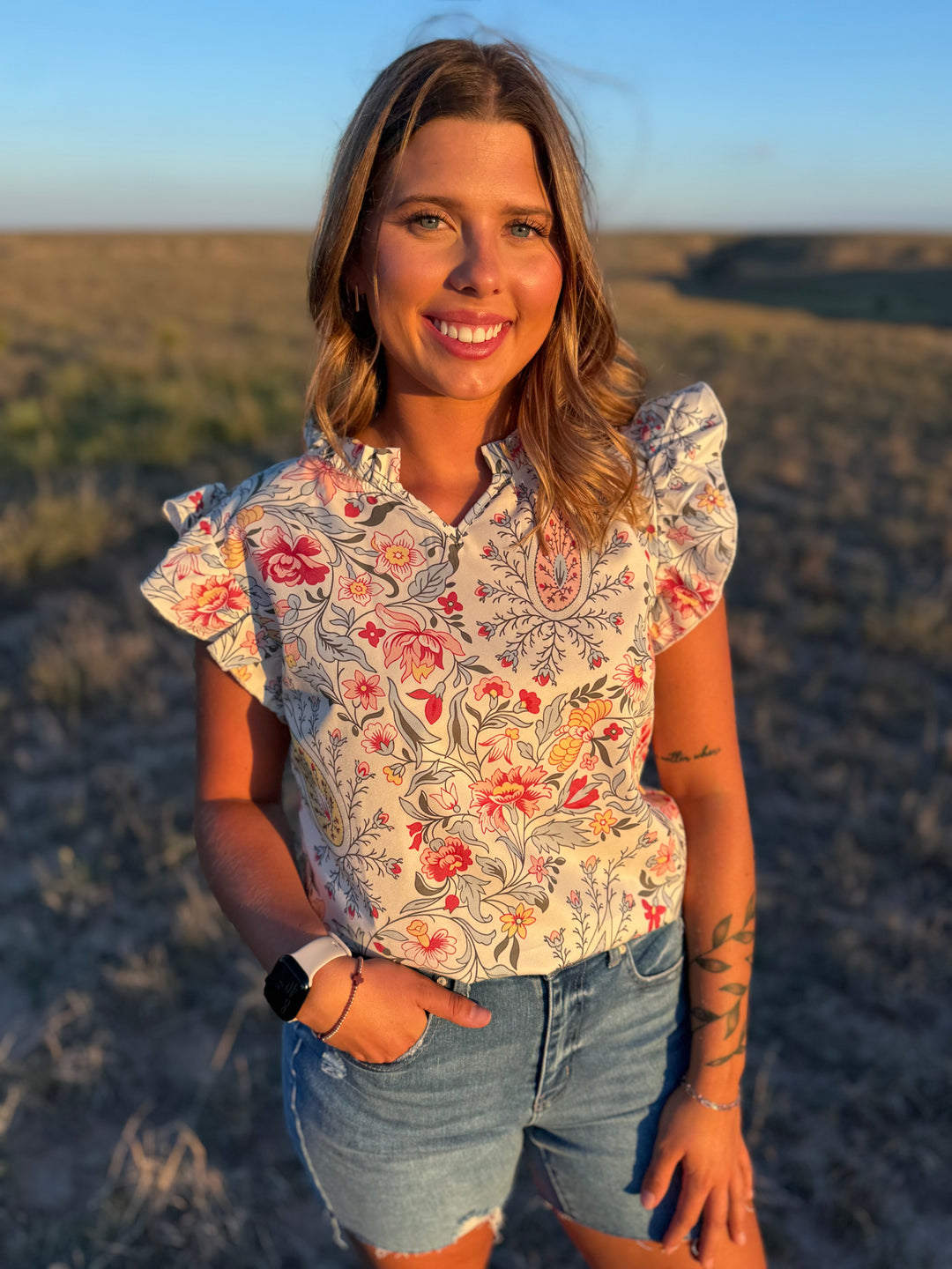 Floral V Neck Ruffe Sleeve Top