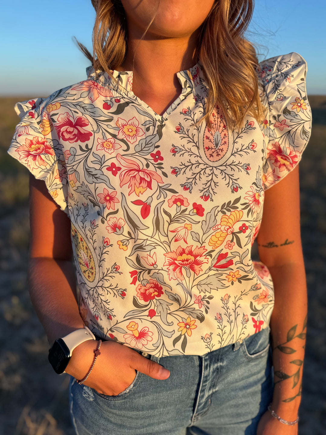 Floral V Neck Ruffe Sleeve Top
