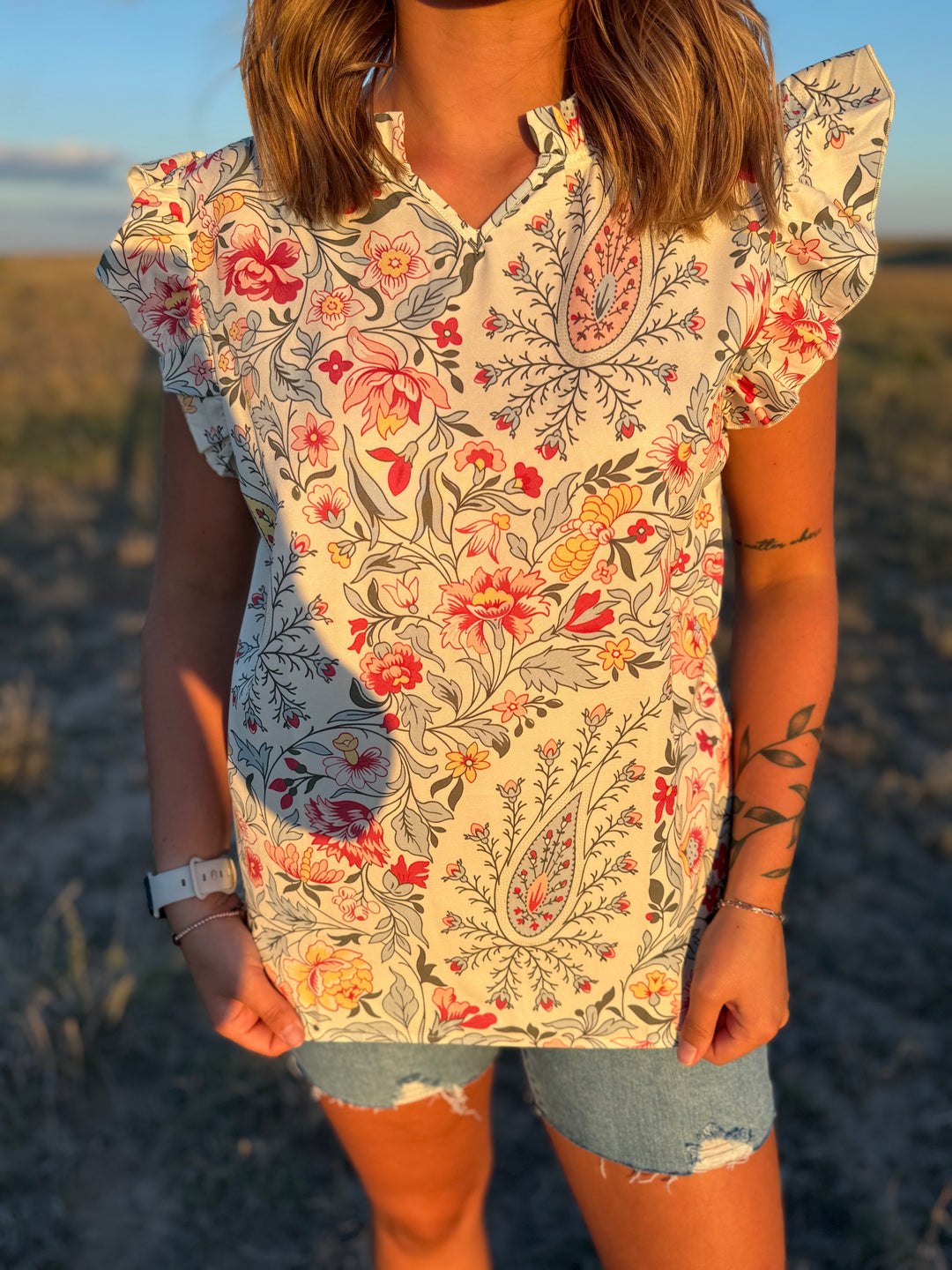 Floral V Neck Ruffe Sleeve Top