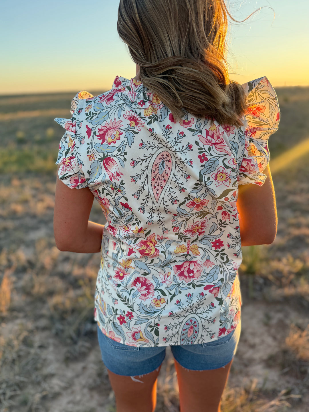 Floral V Neck Ruffe Sleeve Top