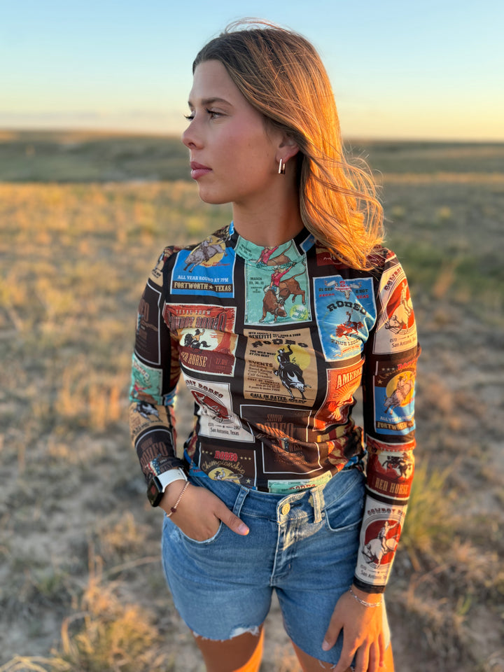 Texas Rodeo Collage Long Sleeve Mesh Top