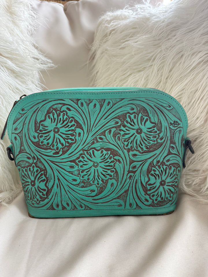 American Darling Floral Hand Tooled Turquoise Leather Crossbody