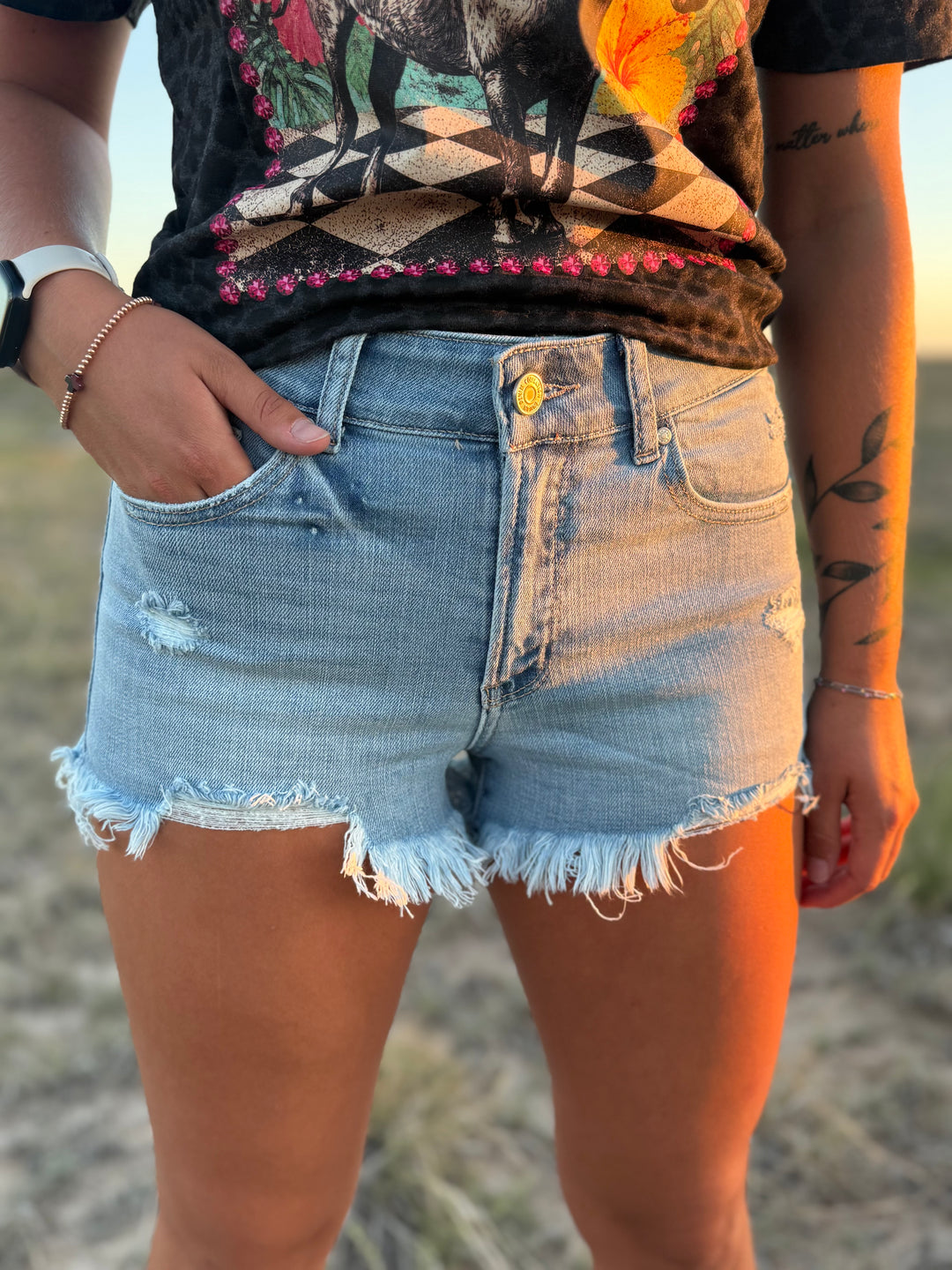 Light Wash High Rise Cut Off Distressed Denim Shorts
