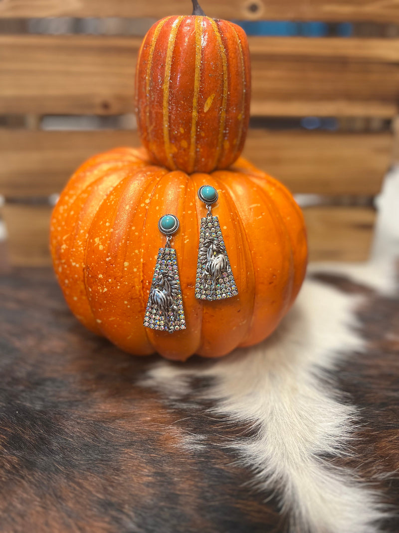 Adorn your ears with these Not Meant to Be Broke Earrings! Featuring a high-polish silver and western-style cable texture, these western-inspired accessories feature a horse pattern, rhinestone pave rhombus casting, and turquoise stone for a real rodeo-worthy look. Plus, these dangle earrings are held by post back, so you don't have to worry about them going rogue (get it, like horses?) - they won't leave your lobes until you're ready! Yee-haw!