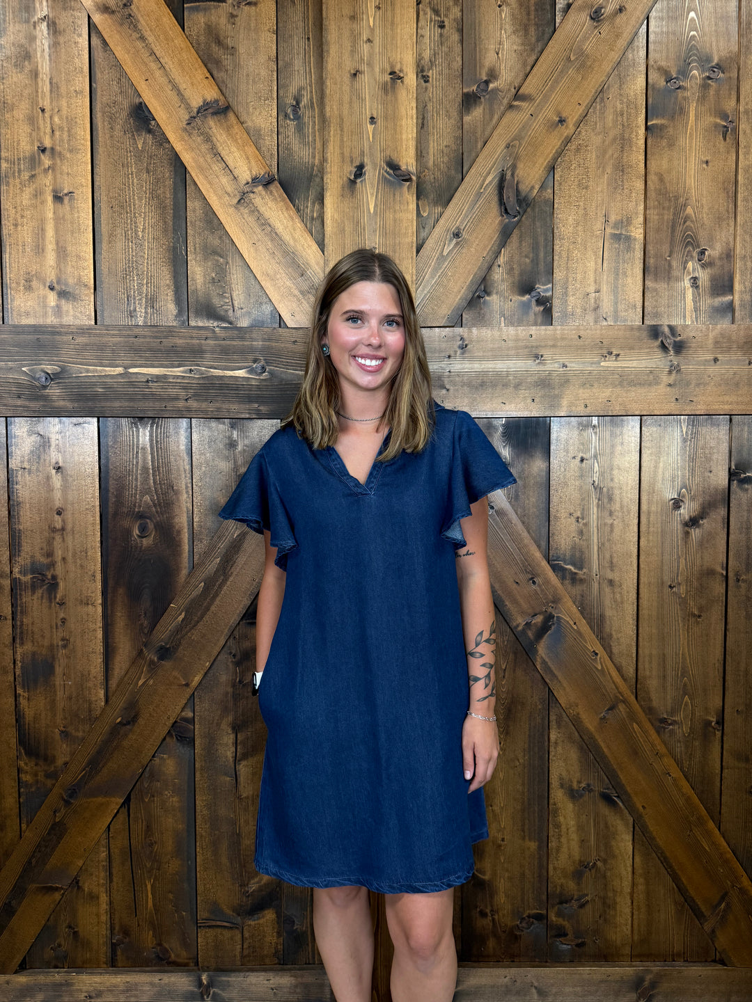 L&B Dark Wash Ruffle Short Sleeve Denim Dress