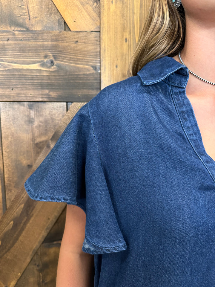 L&B Dark Wash Ruffle Short Sleeve Denim Dress