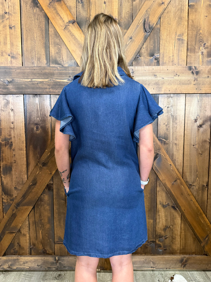 L&B Dark Wash Ruffle Short Sleeve Denim Dress