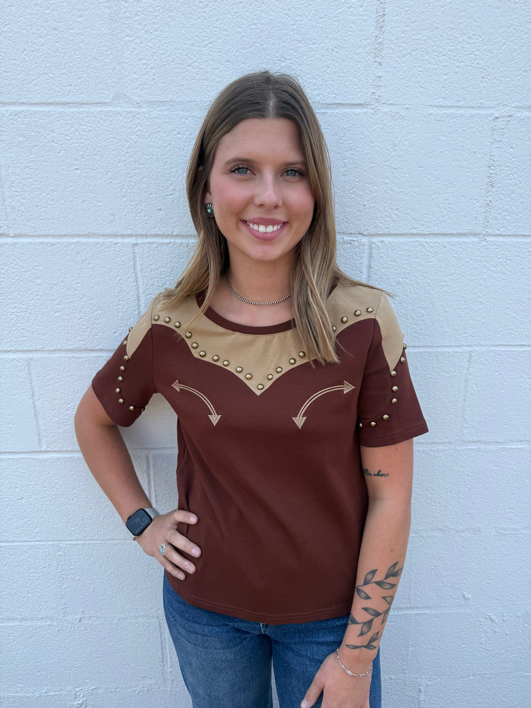 Brown Western Yoke Studded Contrast Top