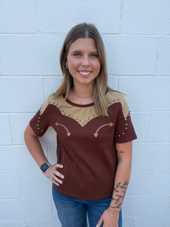 Brown Western Yoke Studded Contrast Top