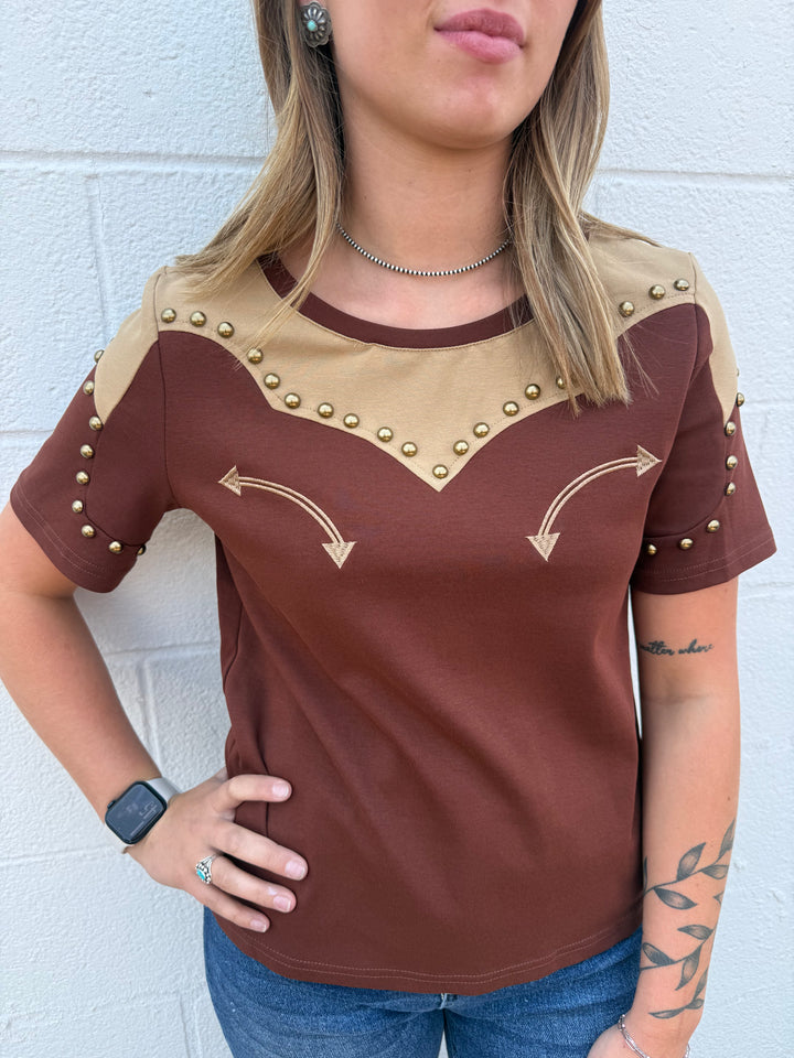 Brown Western Yoke Studded Contrast Top