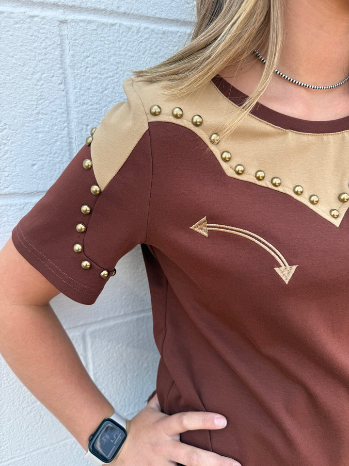 Brown Western Yoke Studded Contrast Top