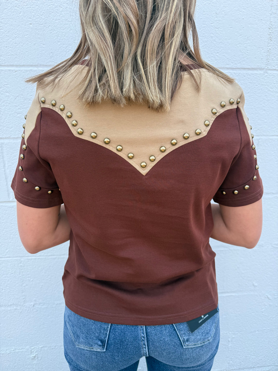 Brown Western Yoke Studded Contrast Top