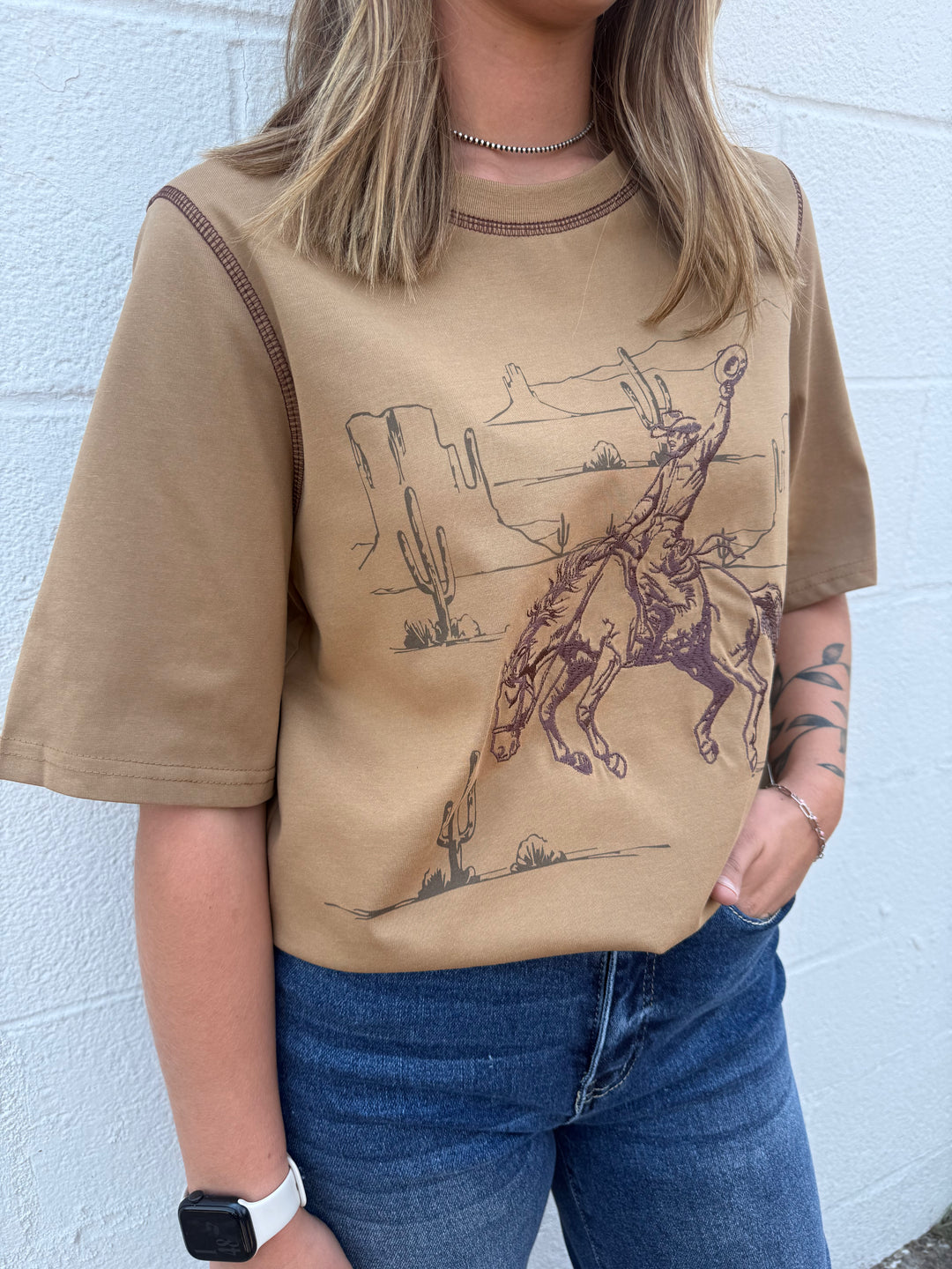 Khaki Western Print Contrast Stitch Short Sleeve Top