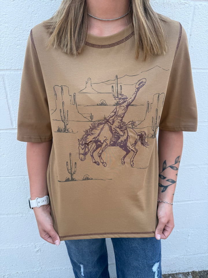 Khaki Western Print Contrast Stitch Short Sleeve Top