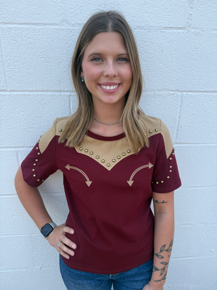 Burgundy Western Yoke Studded Contrast Top