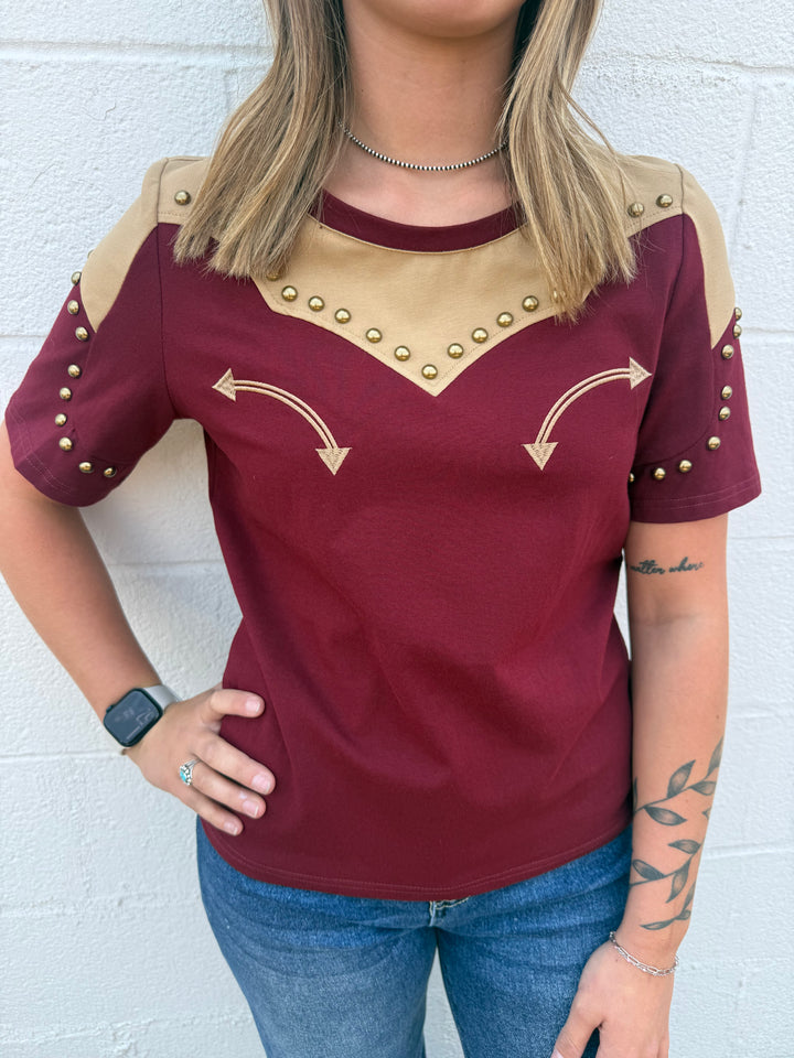 Burgundy Western Yoke Studded Contrast Top