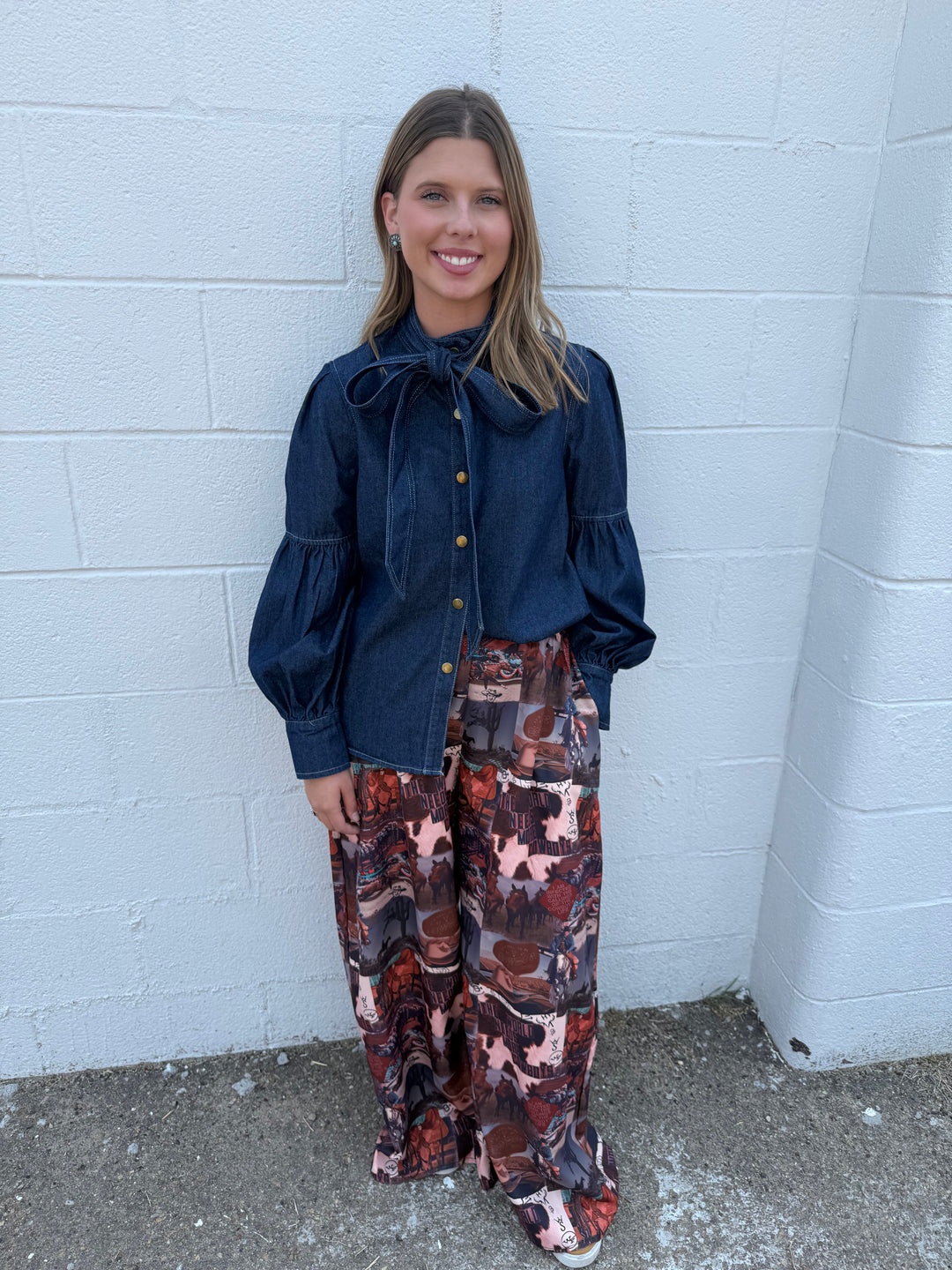 Western Collage Print High Waist Wide Leg Pants