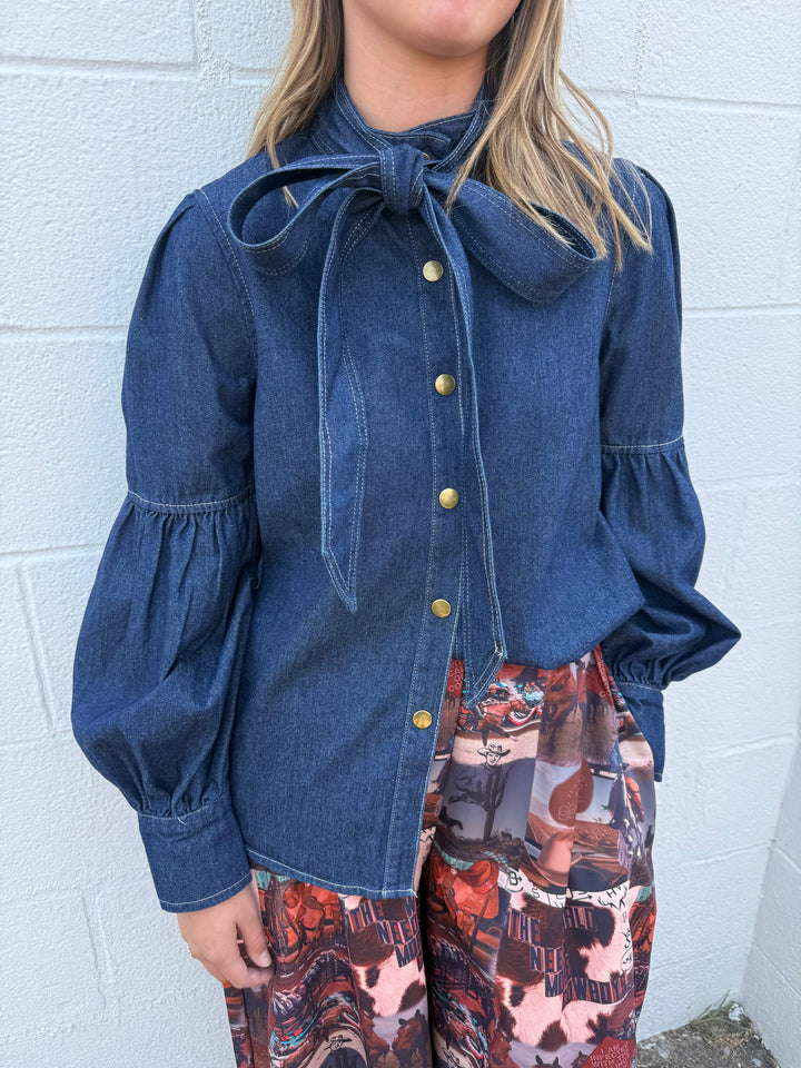 Dark Wash Puff Long Sleeve Bow Tie Denim Top