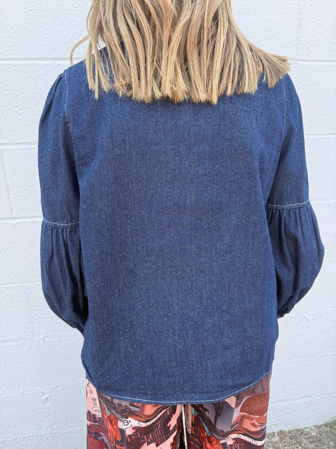 Dark Wash Puff Long Sleeve Bow Tie Denim Top