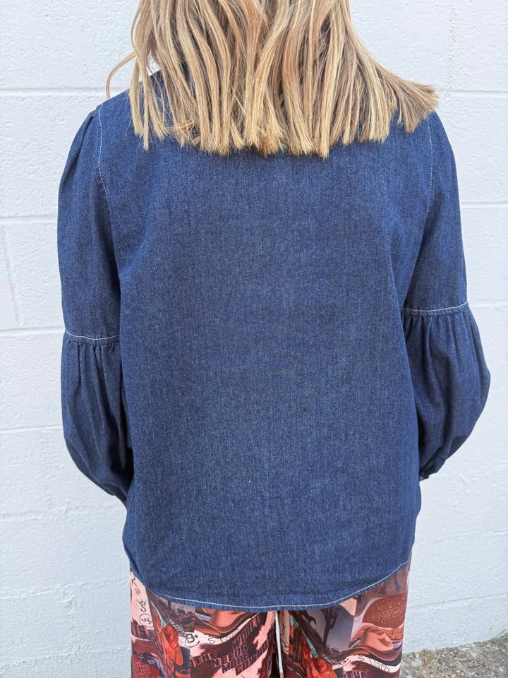 Dark Wash Puff Long Sleeve Bow Tie Denim Top