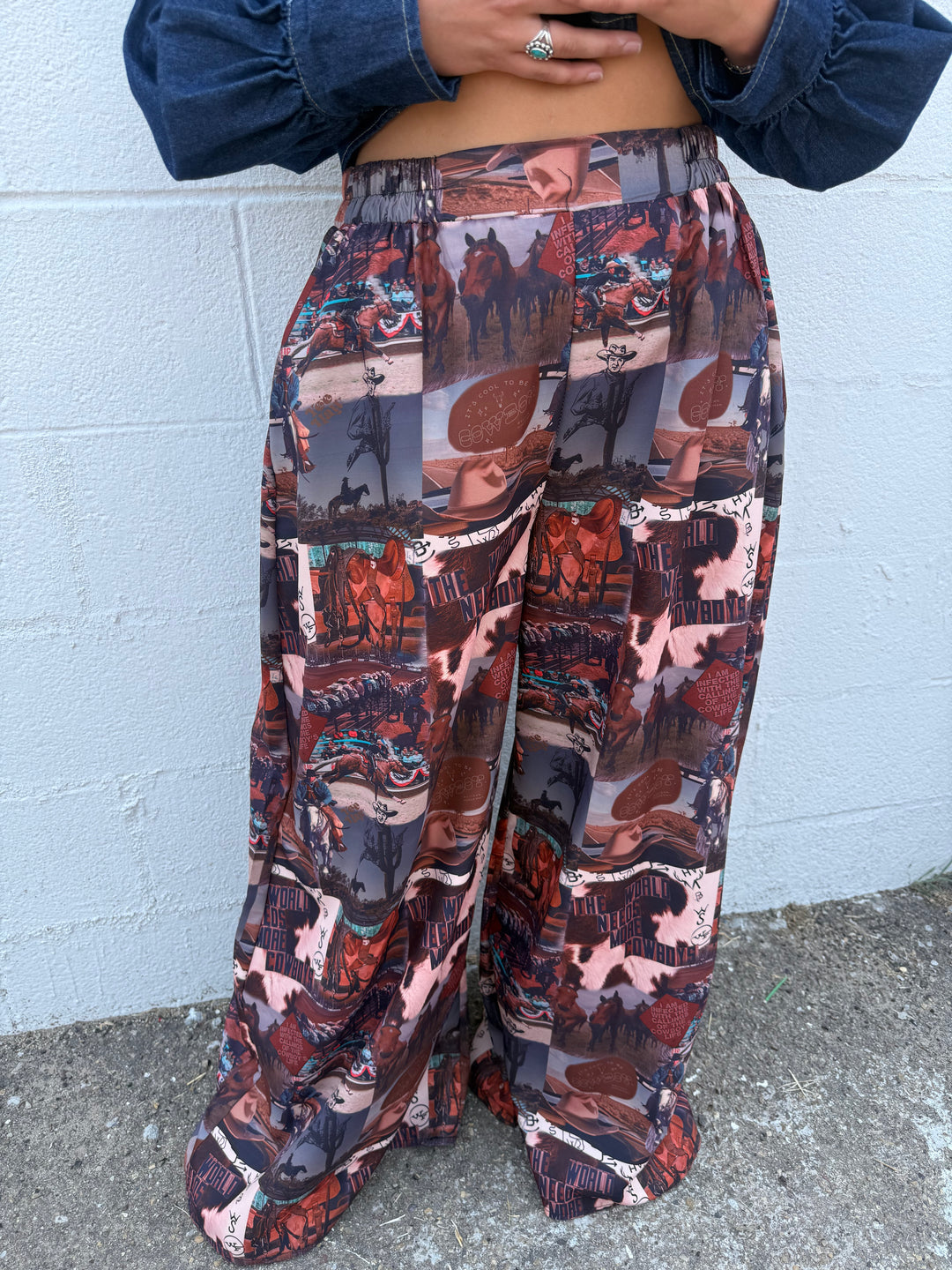 Western Collage Print High Waist Wide Leg Pants