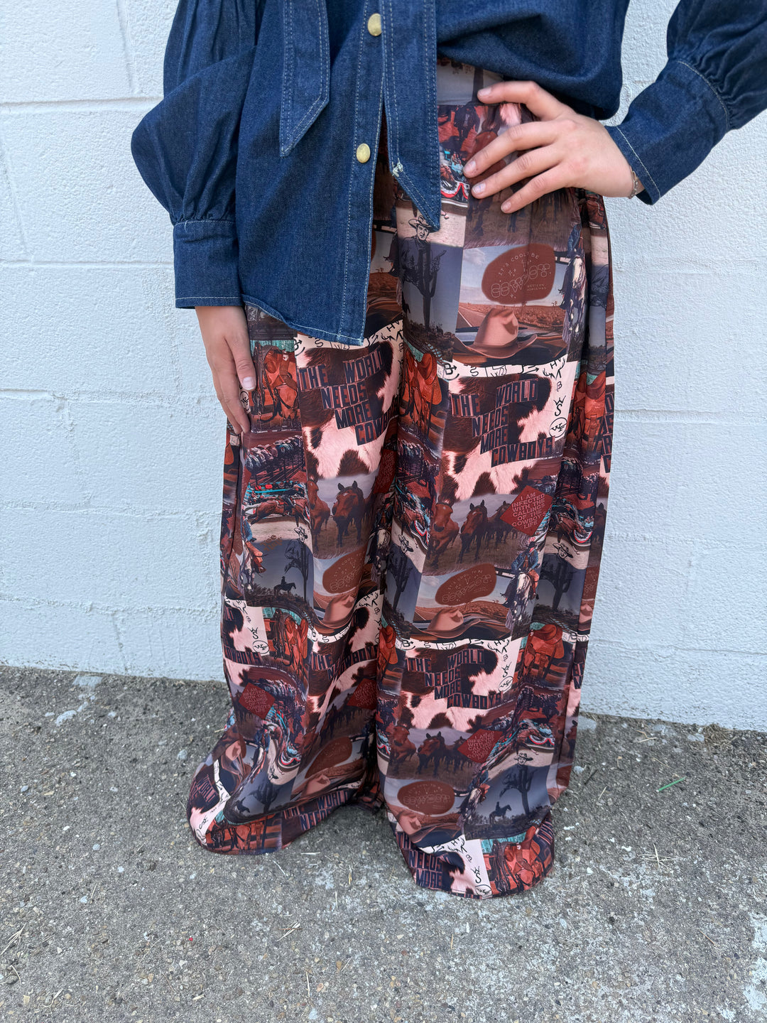 Western Collage Print High Waist Wide Leg Pants