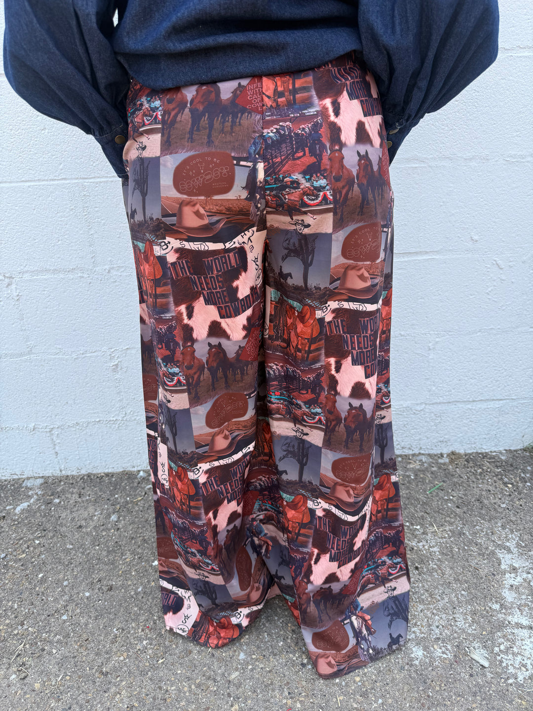 Western Collage Print High Waist Wide Leg Pants
