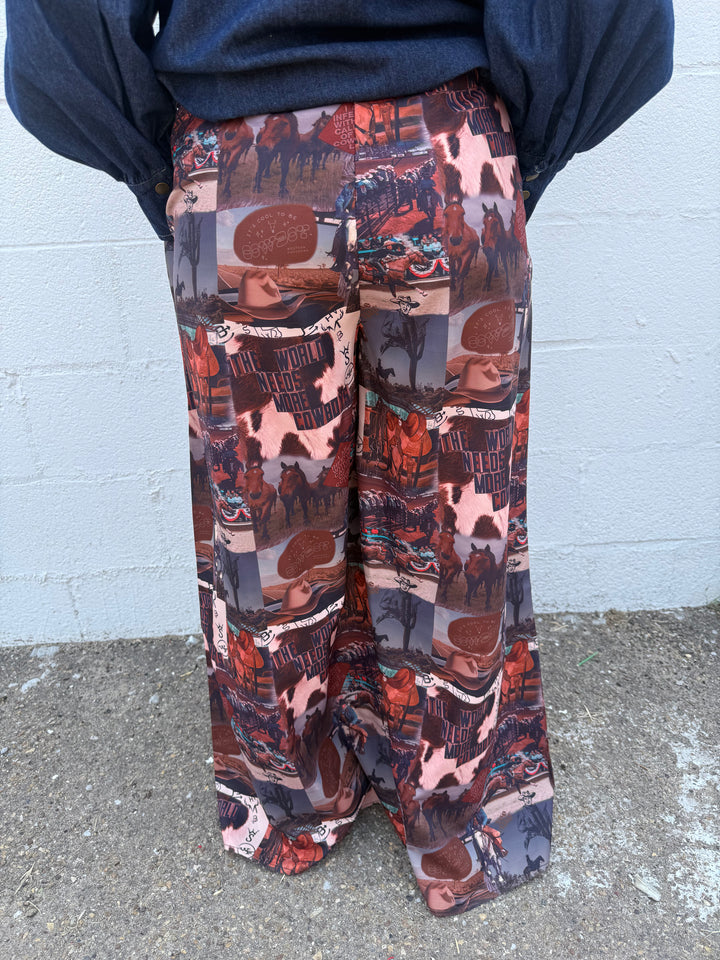 Western Collage Print High Waist Wide Leg Pants