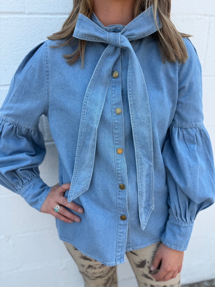 Light Wash Puff Long Sleeve Bow Tie Denim Top