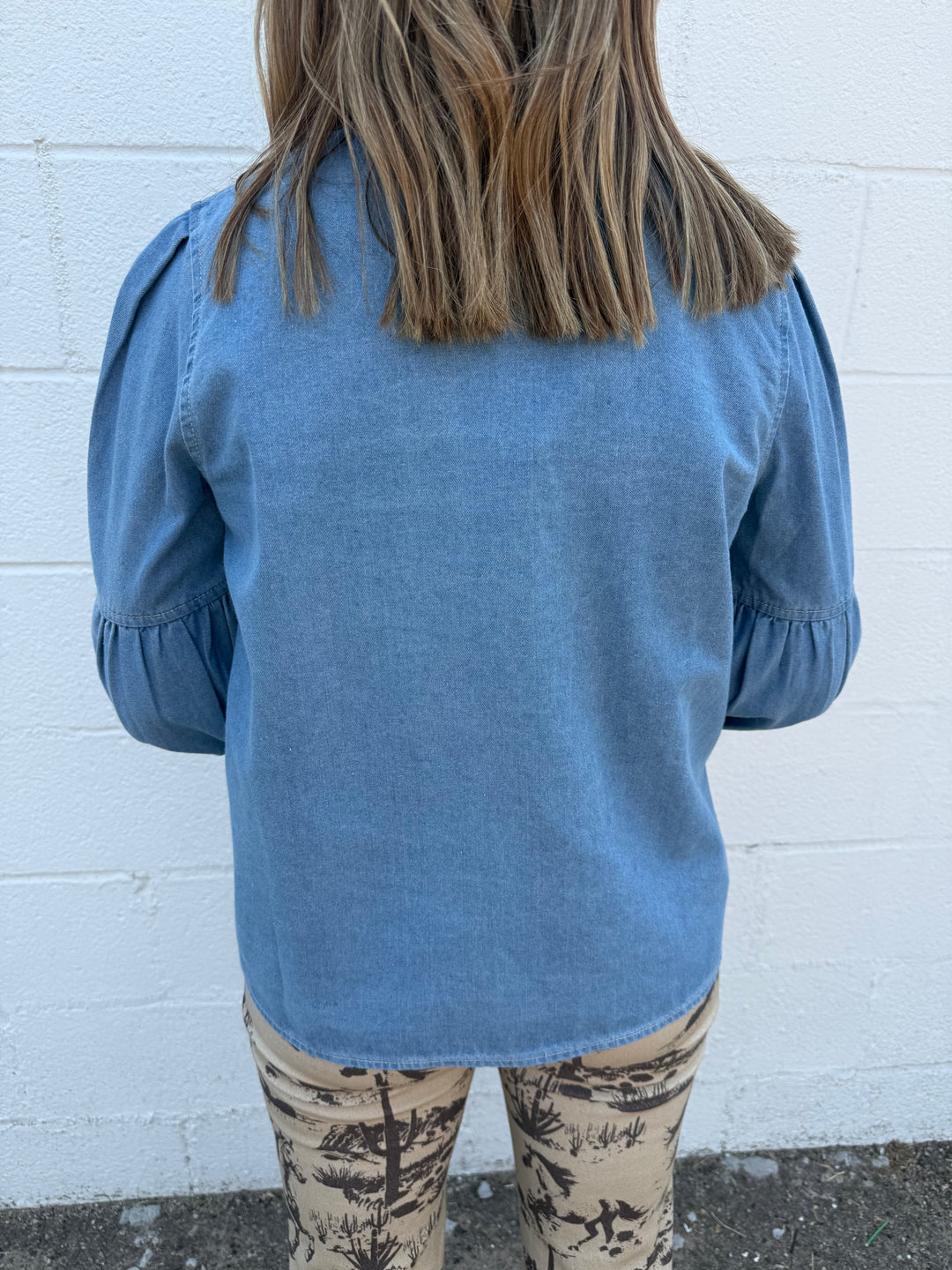 Light Wash Puff Long Sleeve Bow Tie Denim Top