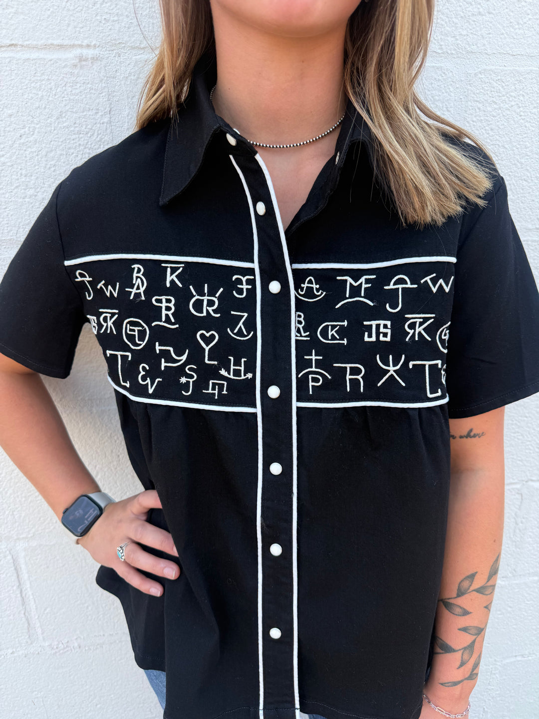 Black Cattle Brand Embroidered Snap Button Western Top