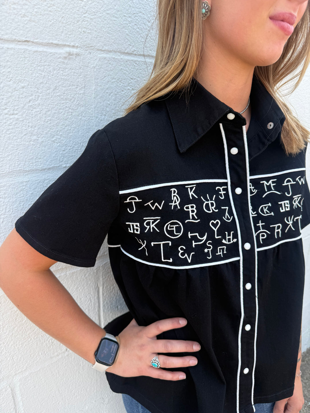 Black Cattle Brand Embroidered Snap Button Western Top