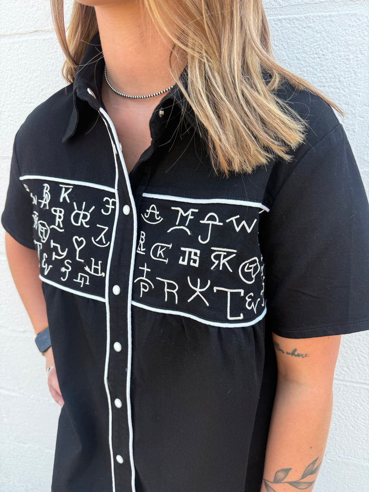 Black Cattle Brand Embroidered Snap Button Western Top