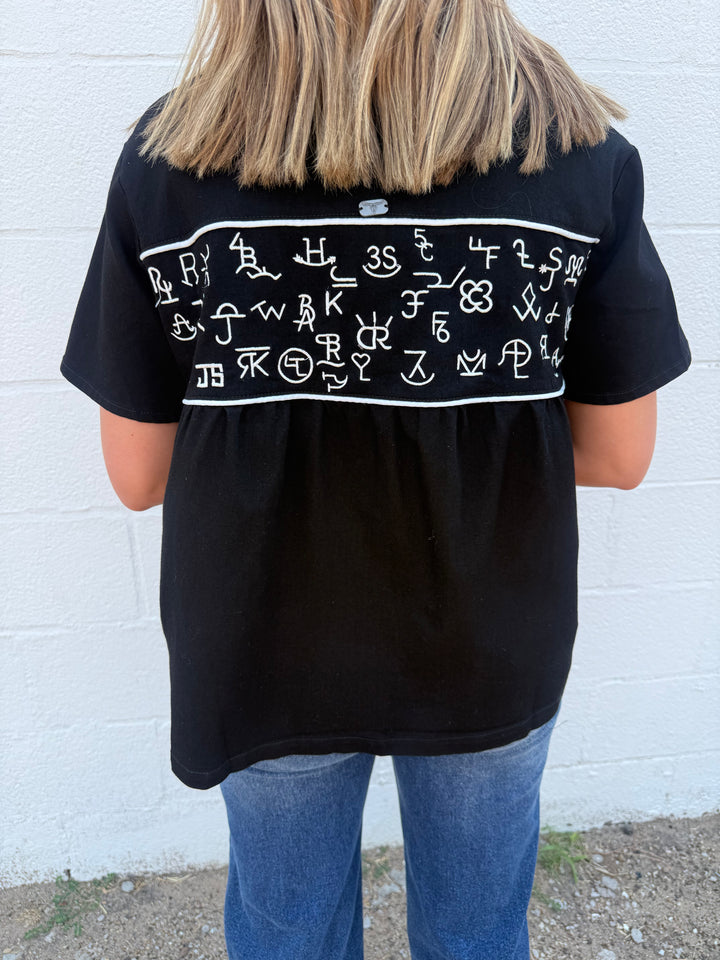 Black Cattle Brand Embroidered Snap Button Western Top