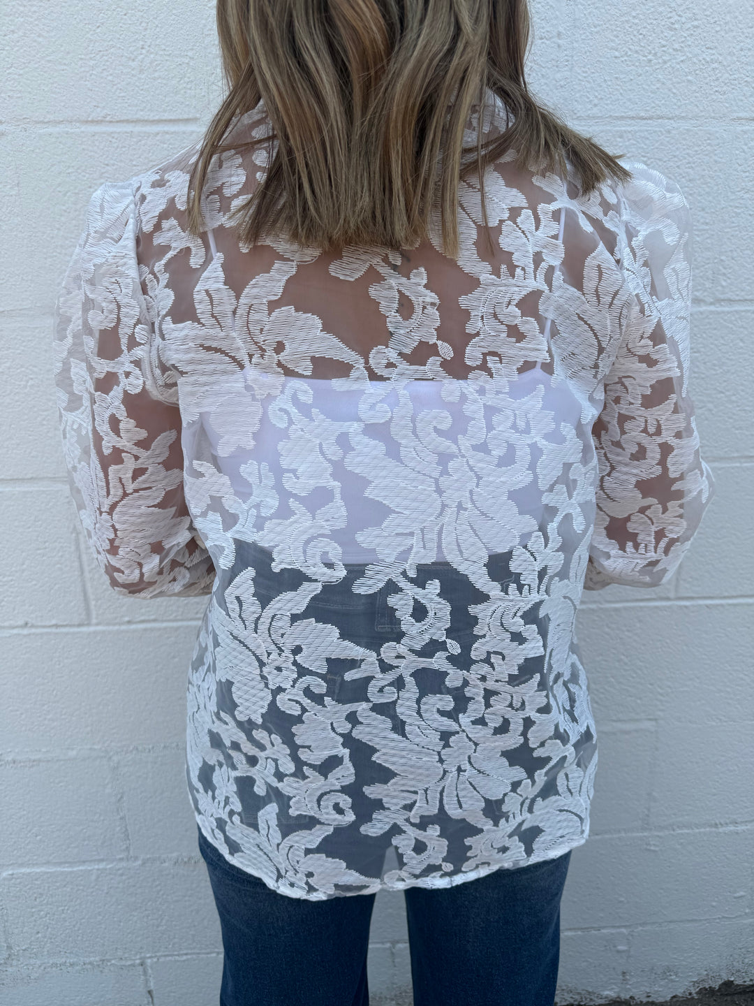 White Lace Floral Button Up Long Sleeve Blouse
