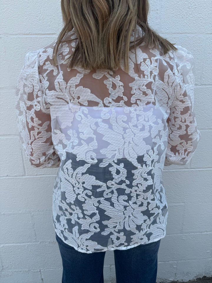 White Lace Floral Button Up Long Sleeve Blouse