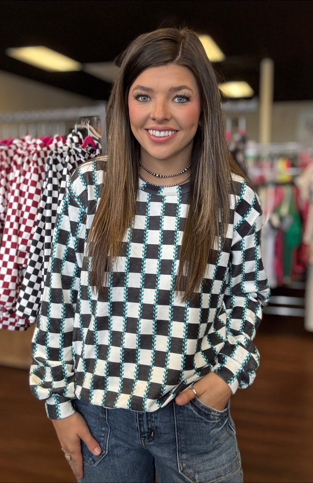 Sterling Kreek Checked In Turquoise Long Sleeved Top